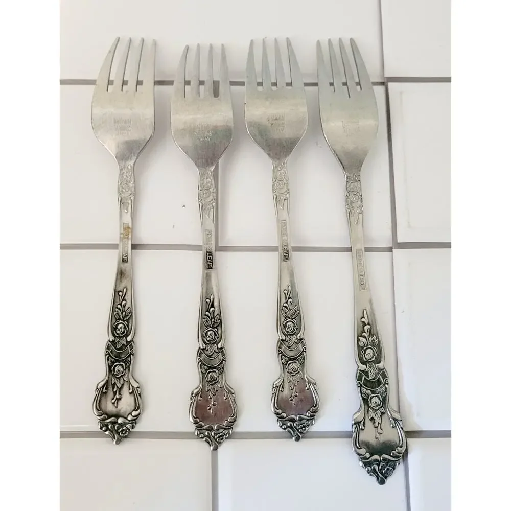 Rose and Leaf Silver Plated Stainless 3 Dinner Knifes Made in Japan Vintage